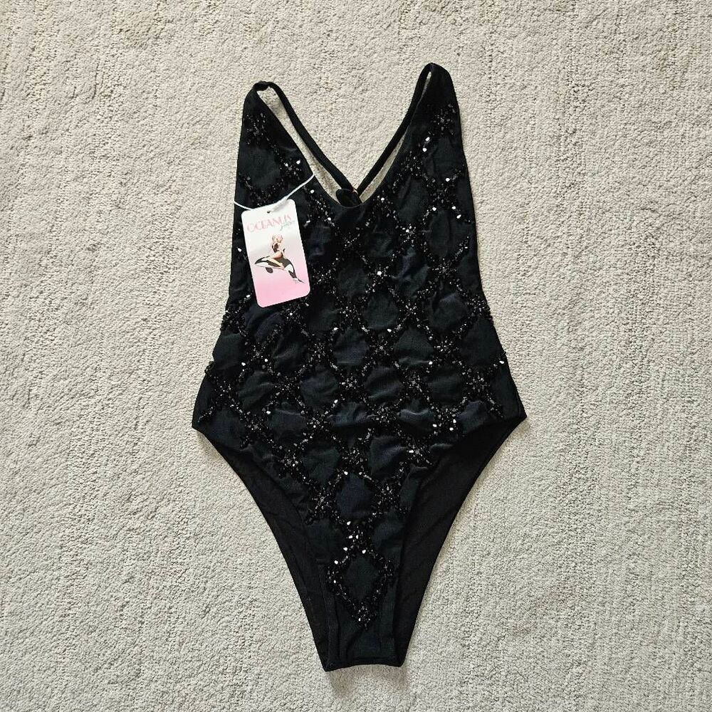 Oceanus Black Jeweled One-Piece Swimsuit Size Small